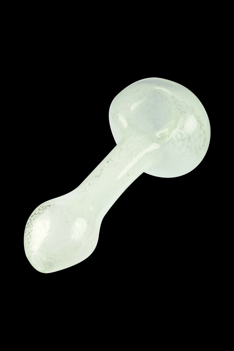 Top-down view of the Glassheads Spoon Pipe with Scatter Frit showing its pale, frosted glass bulb and rounded mouthpiece against a black background