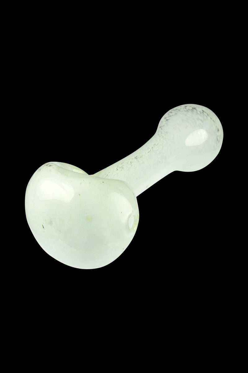 Angled close-up of the Glassheads Spoon Pipe with Scatter Frit showing its pale, speckled glass bowl and straight stem against a black background