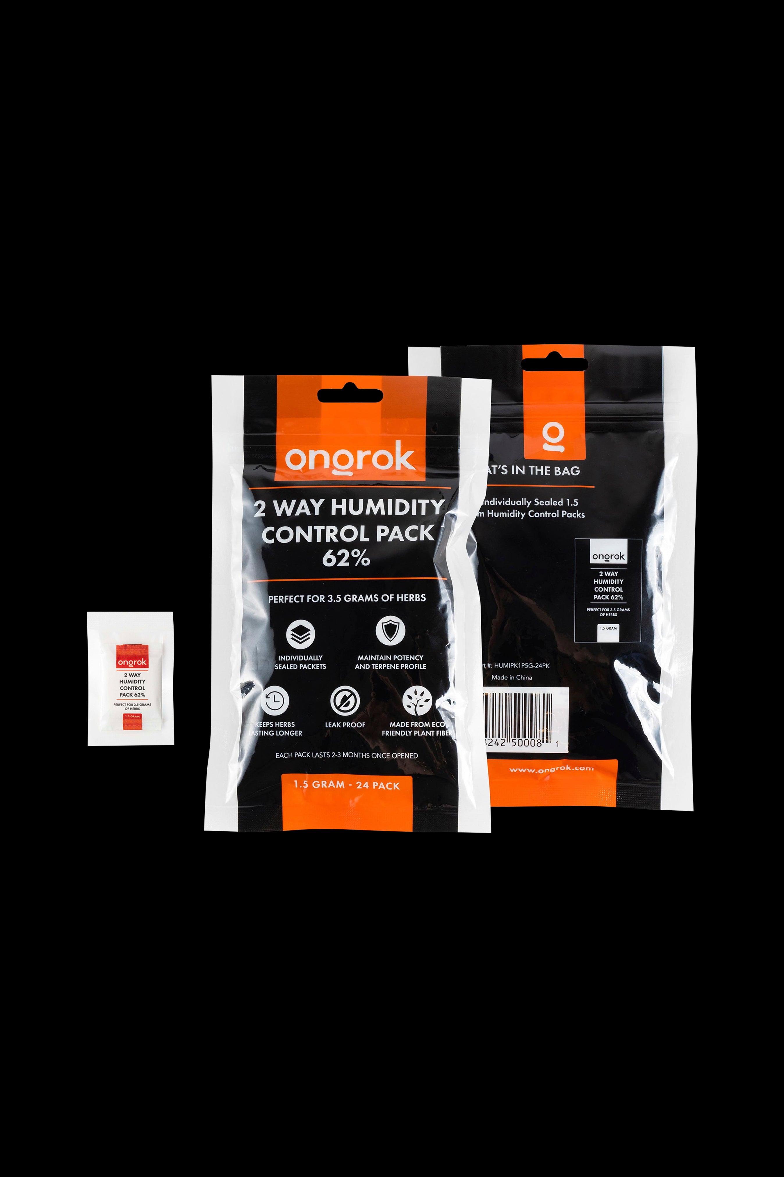Pack of Onrok 2-way humidity control packs for preserving 3.5 grams of herbs, containing 24 individual sealed packets. 62% humidity control.