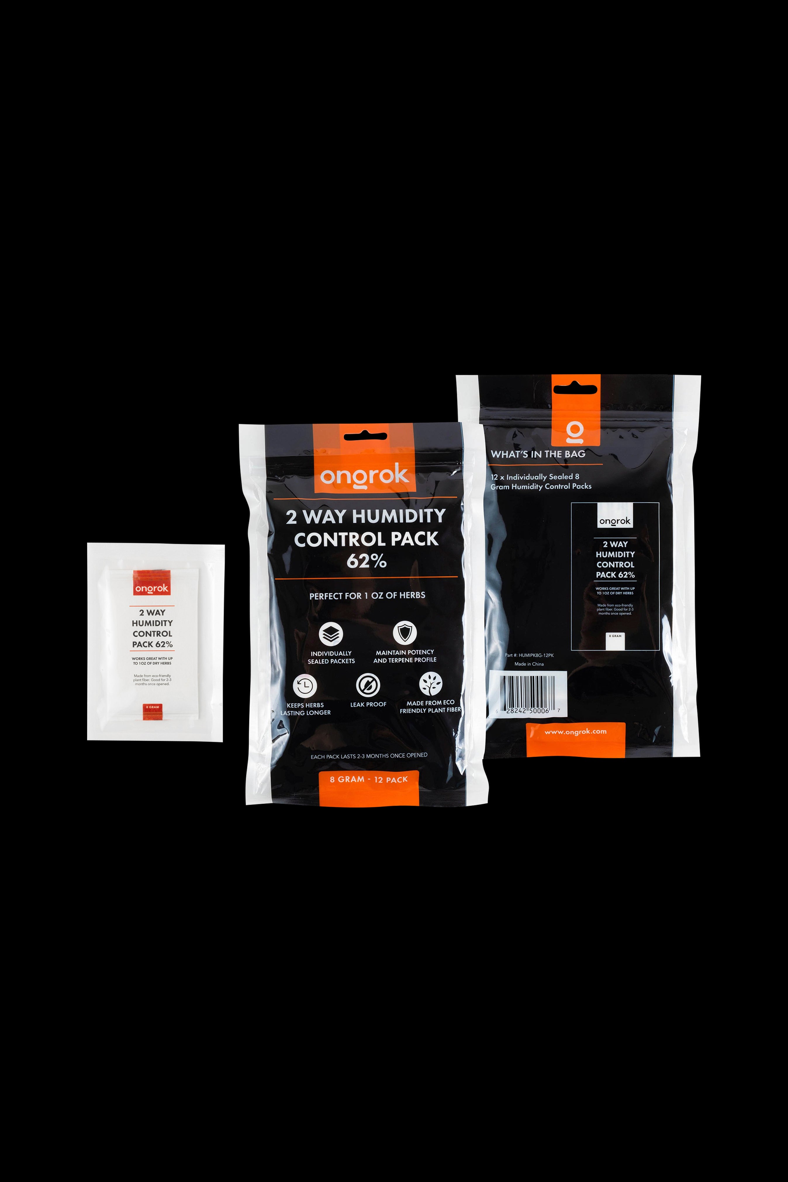 Onopak 2-way humidity control packs for preserving cannabis, shown in retail packaging.