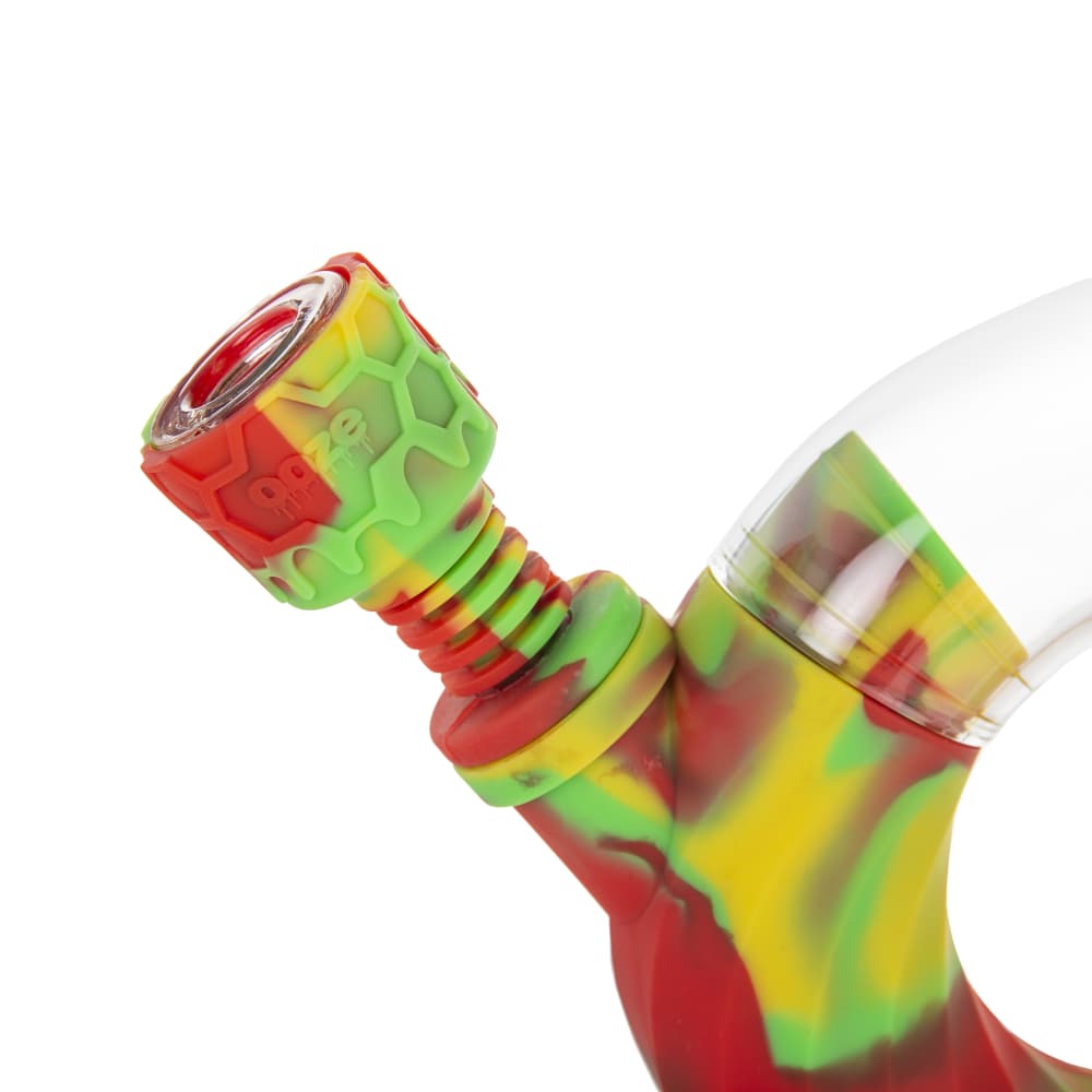 Close-up of a colorful silicone bubbler with a glass bowl.