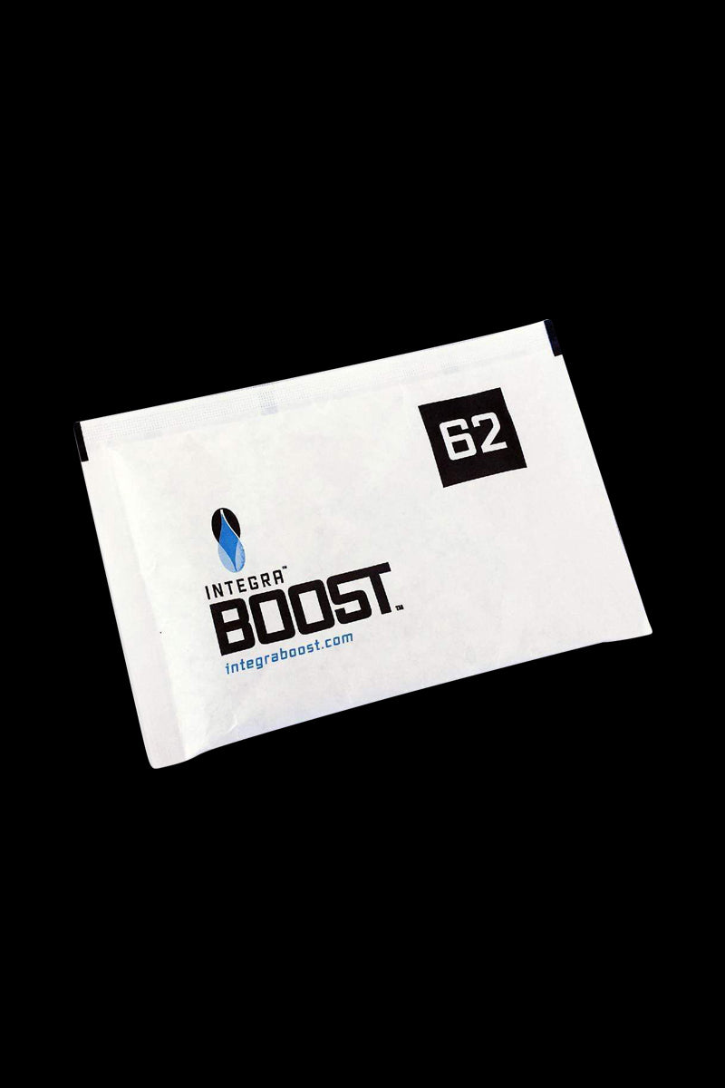 Angled front view of a white pouch labeled Integra Boost 4 Gram 62% Humidity Control against a black background