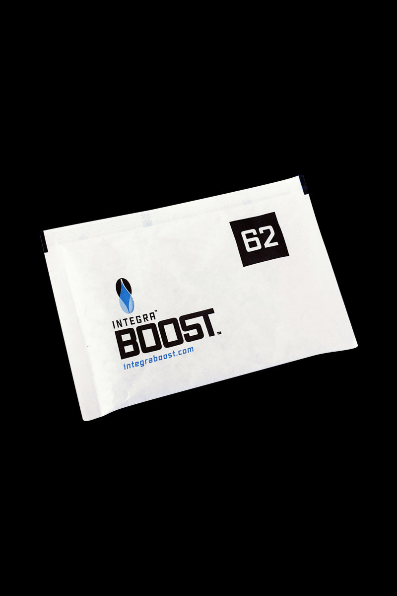 Angled front view of the white Integra Boost 62% Humidity Control - 67 Gram packet on a black background showing its logo and bold "62" box.