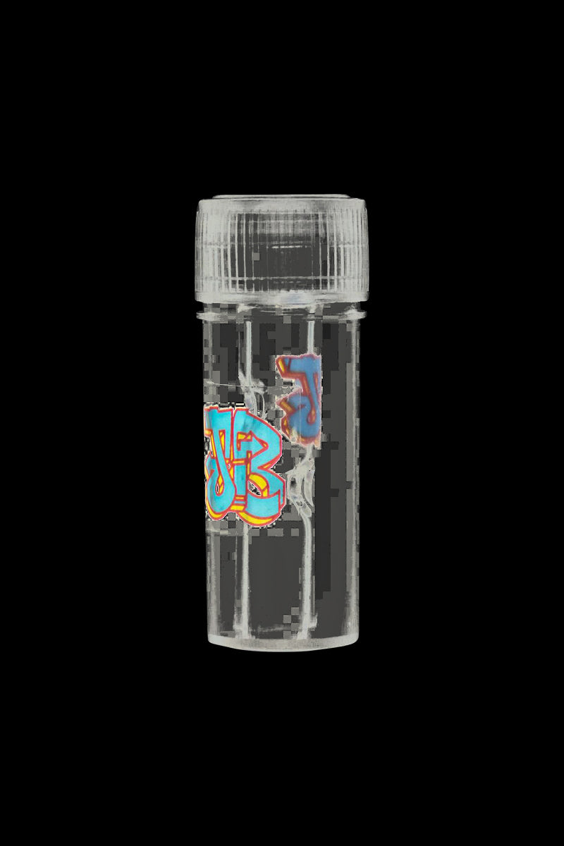 Centered front view of a clear plastic cylinder with graffiti-style blue and orange lettering, labeled Jerome Baker Designs Glass Filter Tip.