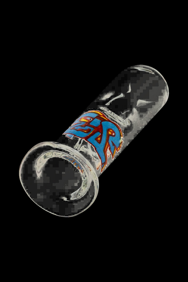 Angled close-up of a glass tube with a colorful blue and orange band, showing the Jerome Baker Designs Glass Filter Tip against a black background