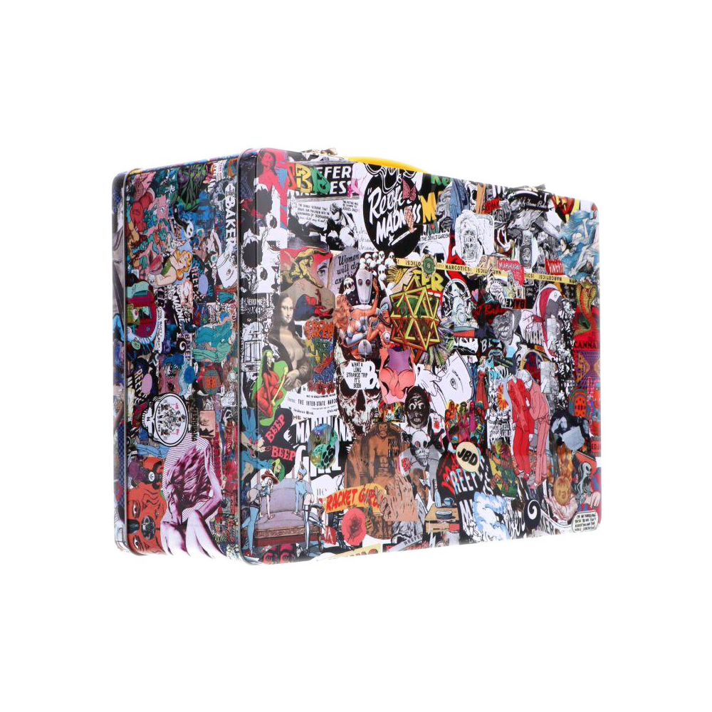 Three-quarter view of a colorful sticker-covered Jerome Baker Lunch Box against a white background.