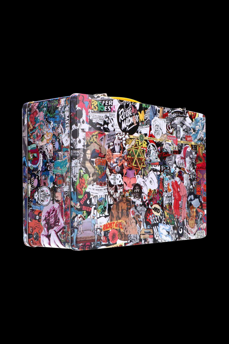 Three-quarter view of a Jerome Baker Lunch Box covered edge-to-edge with colorful collage stickers against a black background
