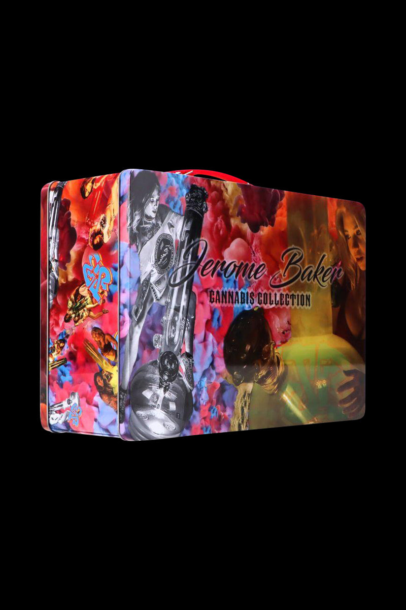 Three-quarter view of a colorful Jerome Baker Lunch Box against a black background, showing collage artwork of people, glassware, and floral clouds.