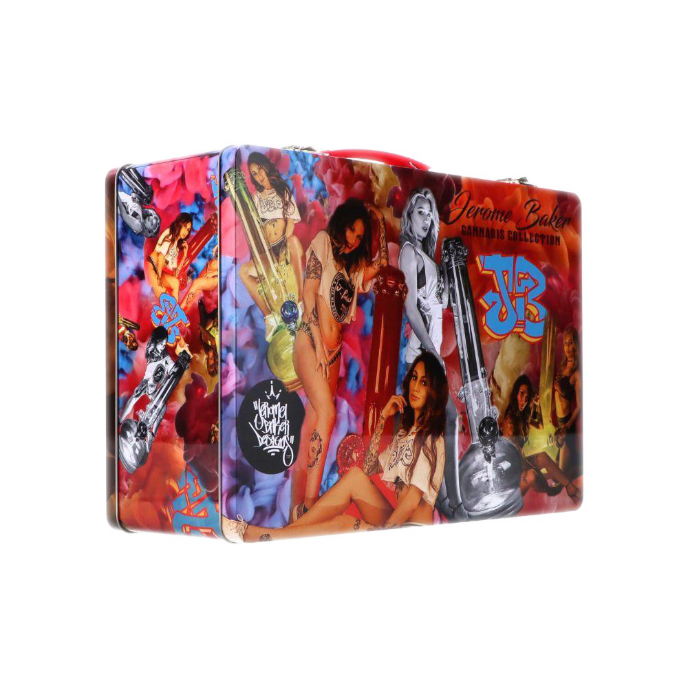 Angled front view of the colorful Jerome Baker Lunch Box featuring collage-style pinup models, bongs and graffiti on a white background.