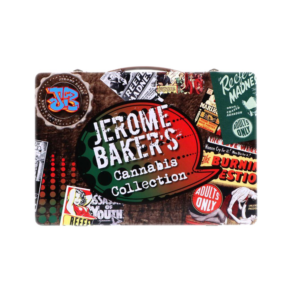 Top-down view of the Jerome Baker Lunch Box with a collage of retro comic and “Adults Only” stickers around a large red and green speech‑bubble logo.