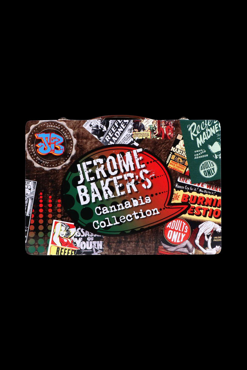 Top-down view of the Jerome Baker Lunch Box showing a collage-style graphic with a large red and green "Jerome Baker's Cannabis Collection" logo and vintage posters.