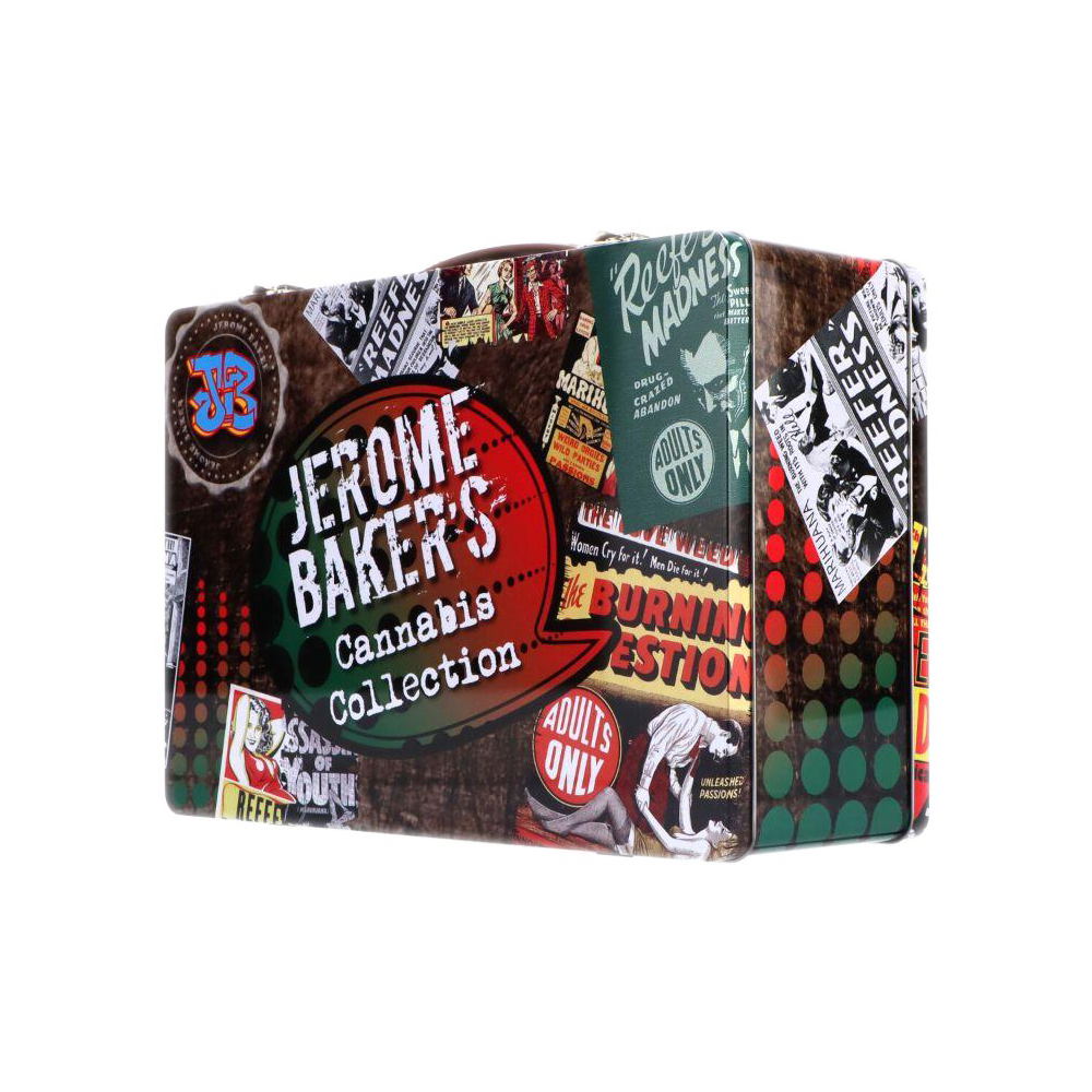 Three-quarter view of the Jerome Baker Lunch Box showing its colorful collage graphics, large "Jerome Baker's Cannabis Collection" logo and retro posters.