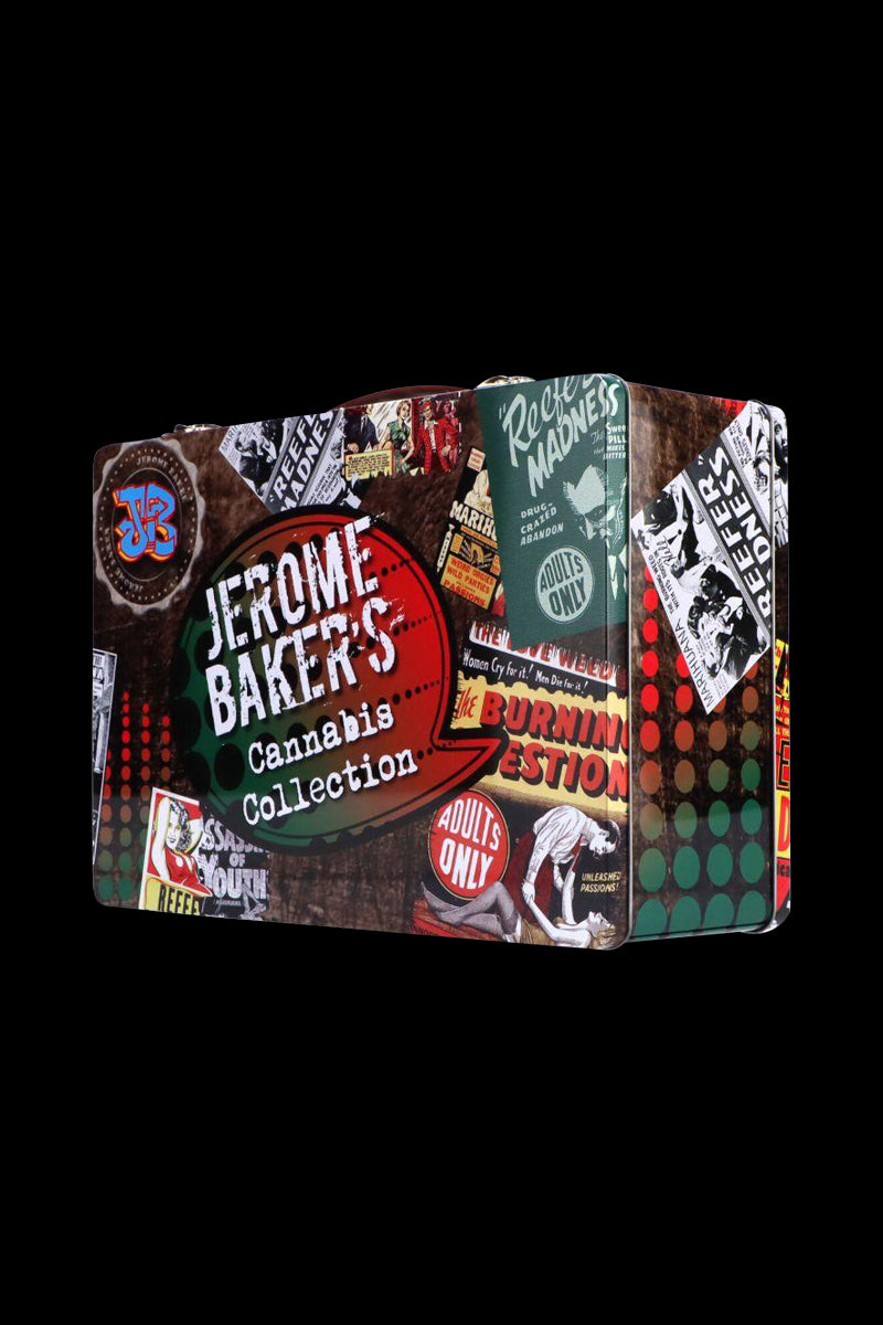 Three-quarter view of a colorful Jerome Baker Lunch Box covered in retro cannabis-themed posters and bold graphic text.