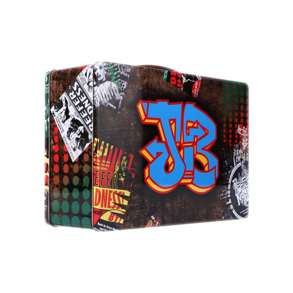 Three-quarter view of the Jerome Baker Lunch Box showing a graffiti-style JR logo in bright blue and red over a collage of posters and dot patterns.
