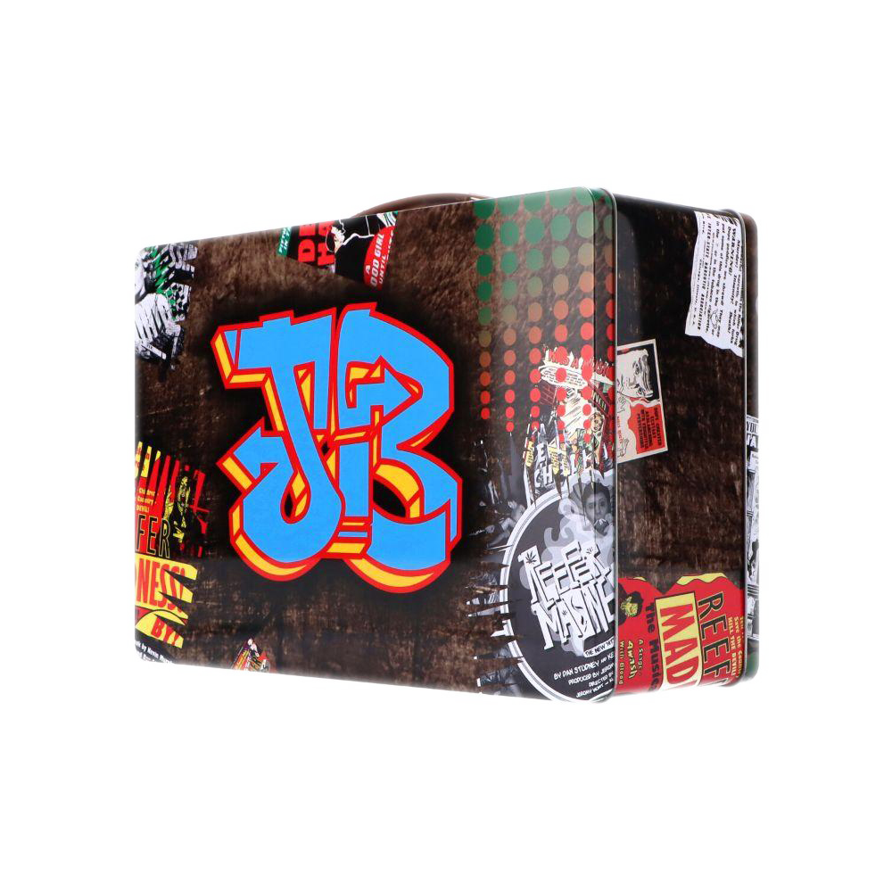 Angled three-quarter view of the Jerome Baker Lunch Box showing a graffiti-style blue "JB" on a dark collage background with colorful stickers and halftone dots