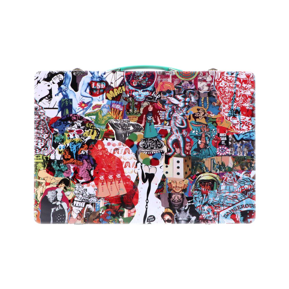 Top-down view of a colorful pop‑art collage patterned Jerome Baker Lunch Box with stickers, illustrations, and a teal handle visible at the top.
