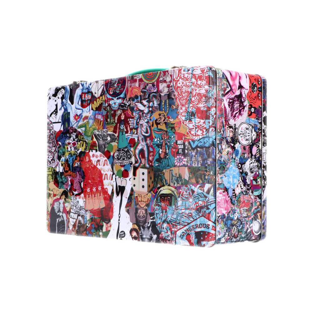 Three-quarter view of a colorful collage-patterned Jerome Baker Lunch Box sitting on a white background, showing its hinged edge and vibrant sticker-style artwork.