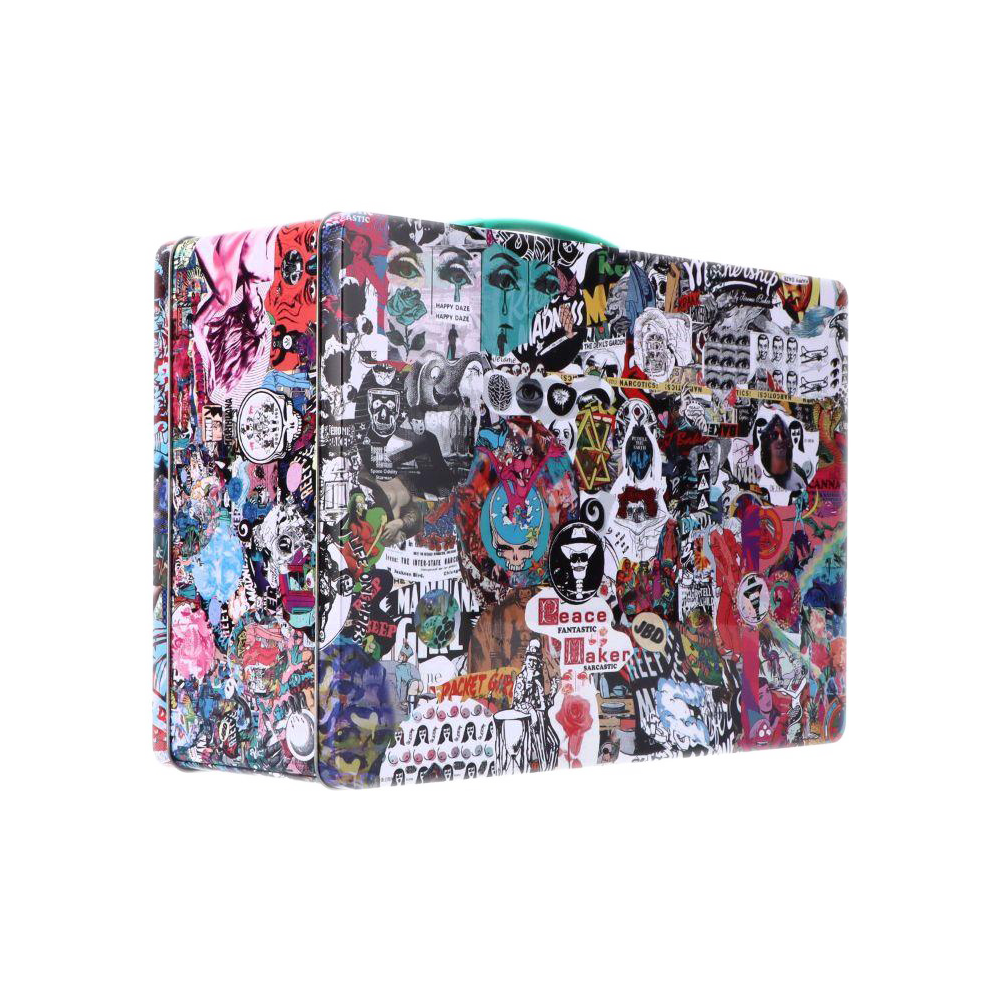 Three-quarter view of a colorful collage-patterned Jerome Baker Lunch Box covered in layered stickers and pop-art imagery.