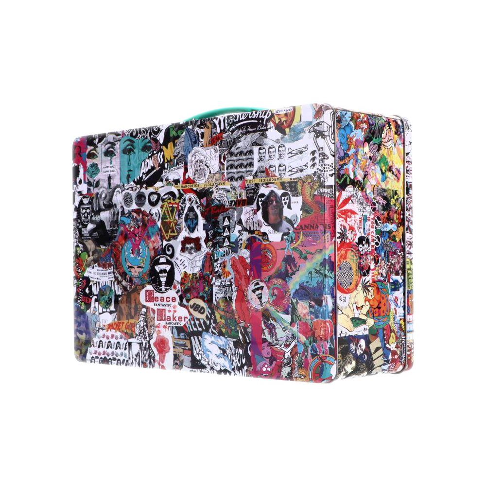 Angled front view of the Jerome Baker Lunch Box covered edge-to-edge in a dense collage of colorful stickers and pop-art graphics.