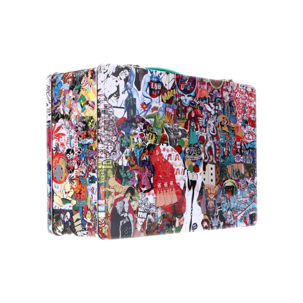 Three-quarter view of the Jerome Baker Lunch Box covered edge-to-edge in vibrant, layered sticker-art collage.
