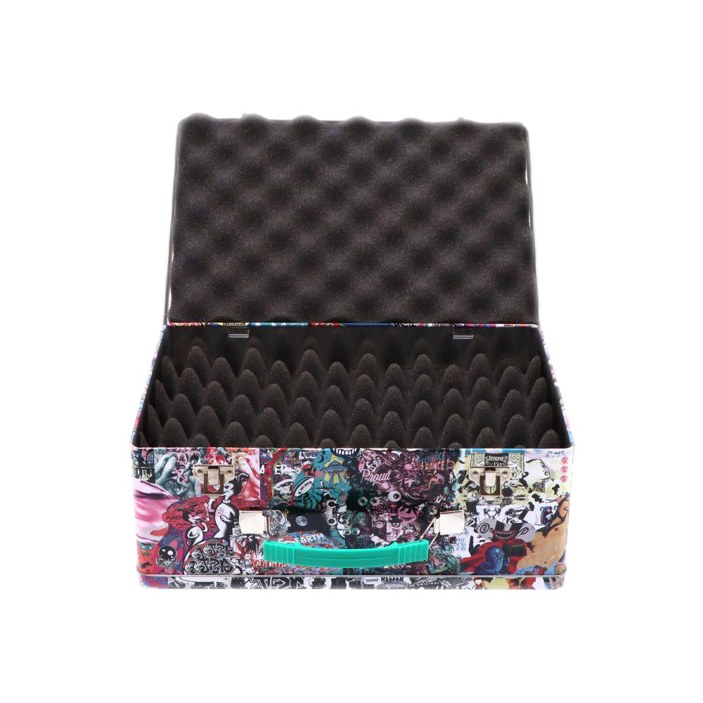 Open top three-quarter view of the patterned Jerome Baker Lunch Box showing the egg-crate black foam interior and turquoise handle.
