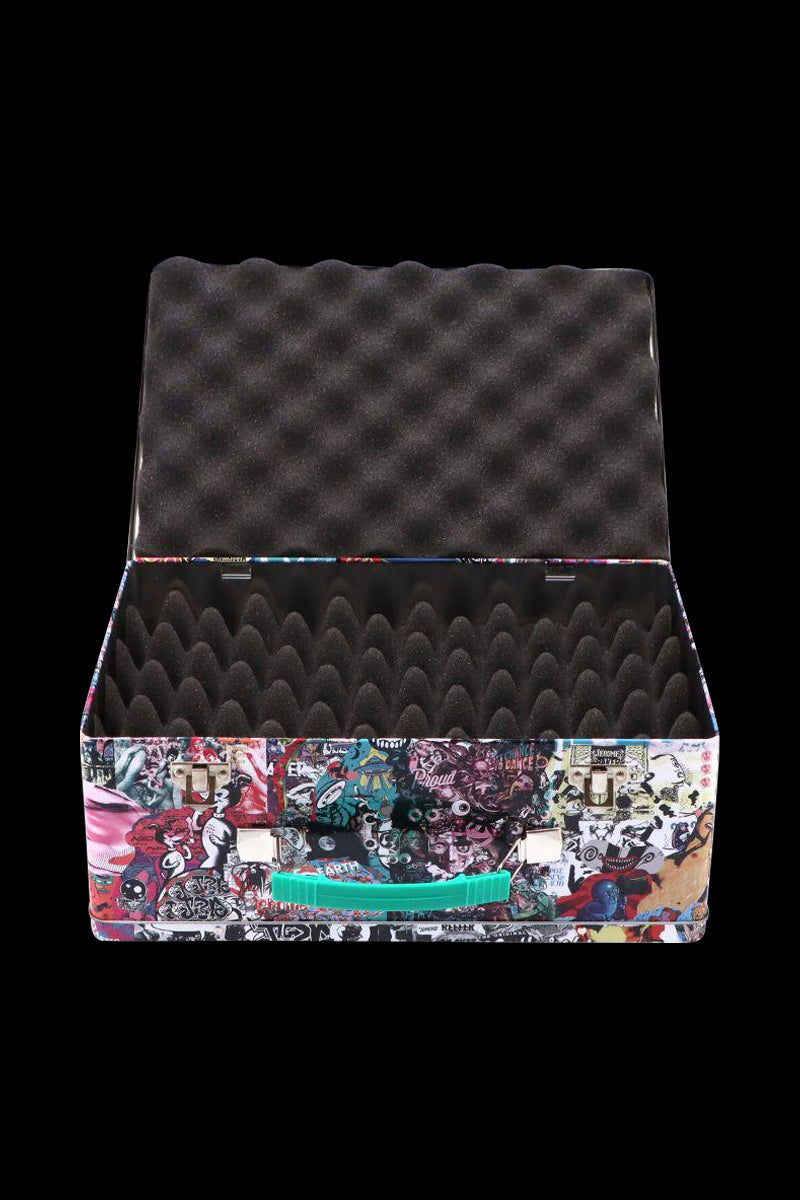 Front-facing open Jerome Baker Lunch Box with black egg-crate foam interior and a colorful graffiti-patterned exterior and teal handle.