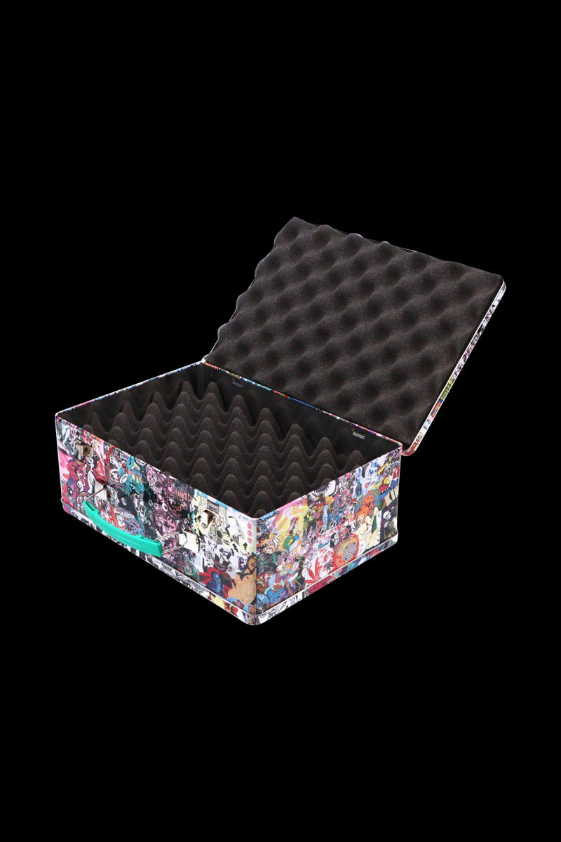 Angled top-down view of the open Jerome Baker Lunch Box showing its egg-crate foam interior and colorful collage exterior against black background