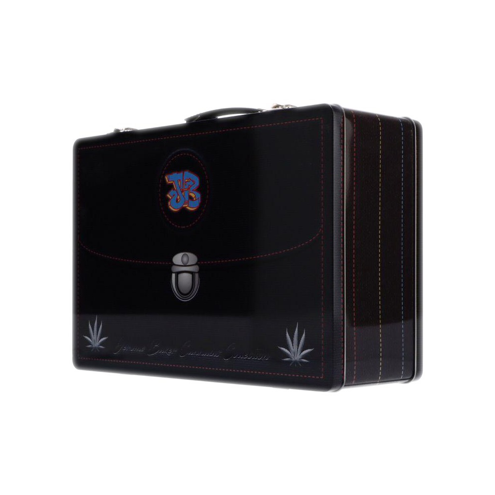 Angled front view of a black Jerome Baker Lunch Box with stitched edges, silver latch, side stripes, and small leaf motifs.