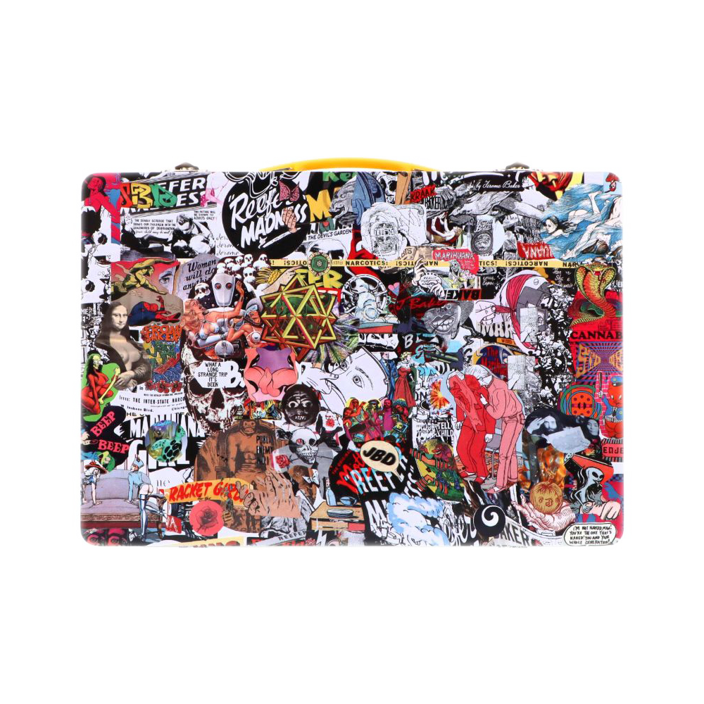 Top-down view of the Jerome Baker Lunch Box covered edge-to-edge in a dense, colorful collage of stickers and pop‑culture illustrations.