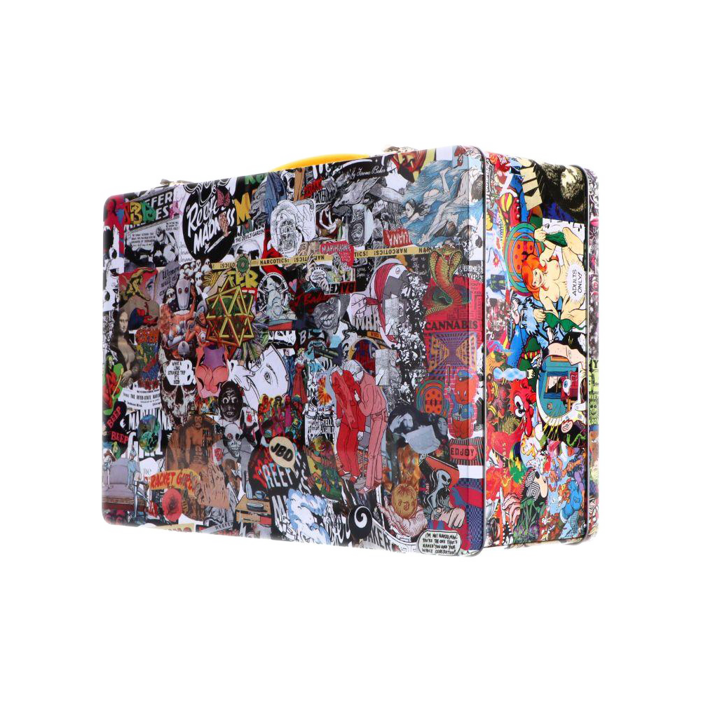 Three-quarter view of a colorful collage-patterned Jerome Baker Lunch Box with sticker-like pop art and comic imagery across its visible panels.
