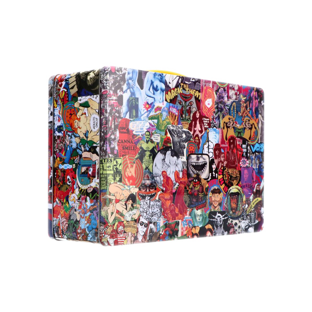 Three-quarter view of the Jerome Baker Lunch Box featuring a dense, colorful collage of pop‑culture stickers and illustrations on a white background