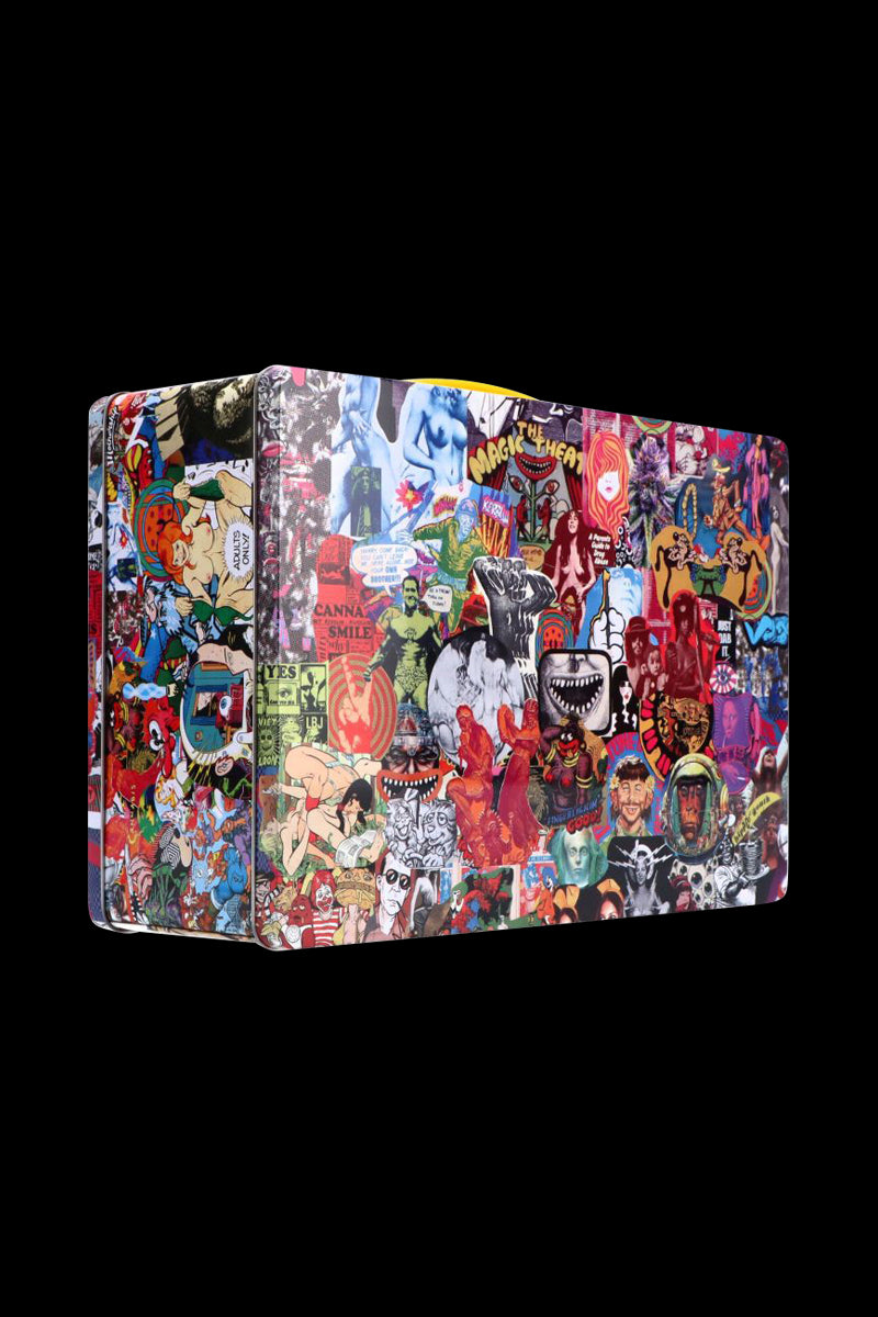 Angled three-quarter view of a colorful collage-covered Jerome Baker Lunch Box set against a black background.