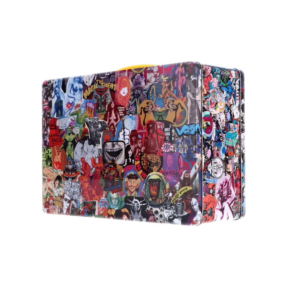 Angled three-quarter view of a colorful collage-covered Jerome Baker Lunch Box showing dense pop‑art stickers and illustrations across the front and side.
