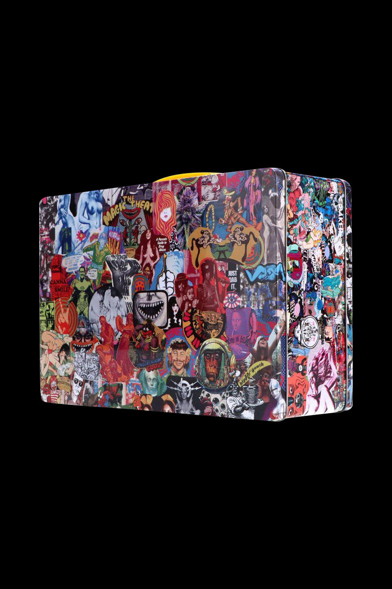 Angled front view of the Jerome Baker Lunch Box covered edge-to-edge in colorful collage stickers against a black backdrop.