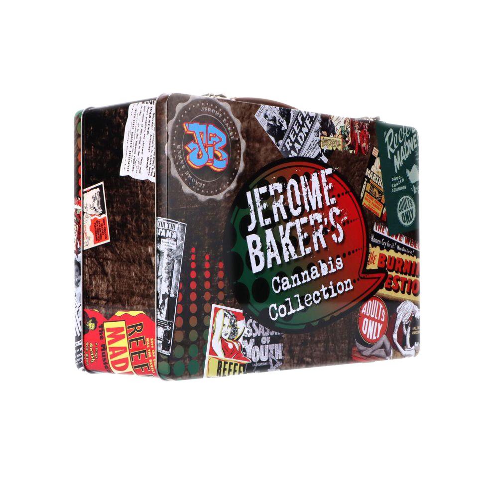 Three-quarter view of a sticker-covered metal tin labeled "Jerome Baker Lunch Box" with a large circular "Jerome Baker's Cannabis Collection" graphic on the front.