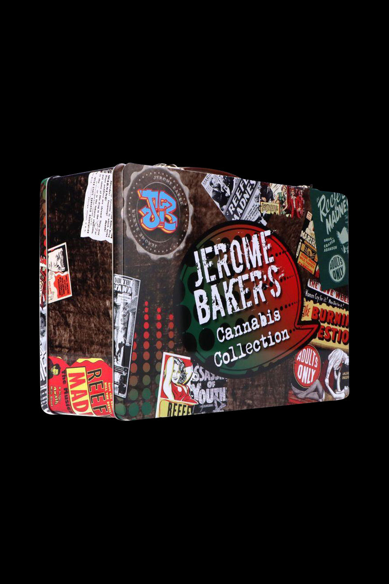 Three-quarter view of the Jerome Baker Lunch Box showing a collage of retro posters and a large circular "Jerome Baker's Cannabis Collection" logo.