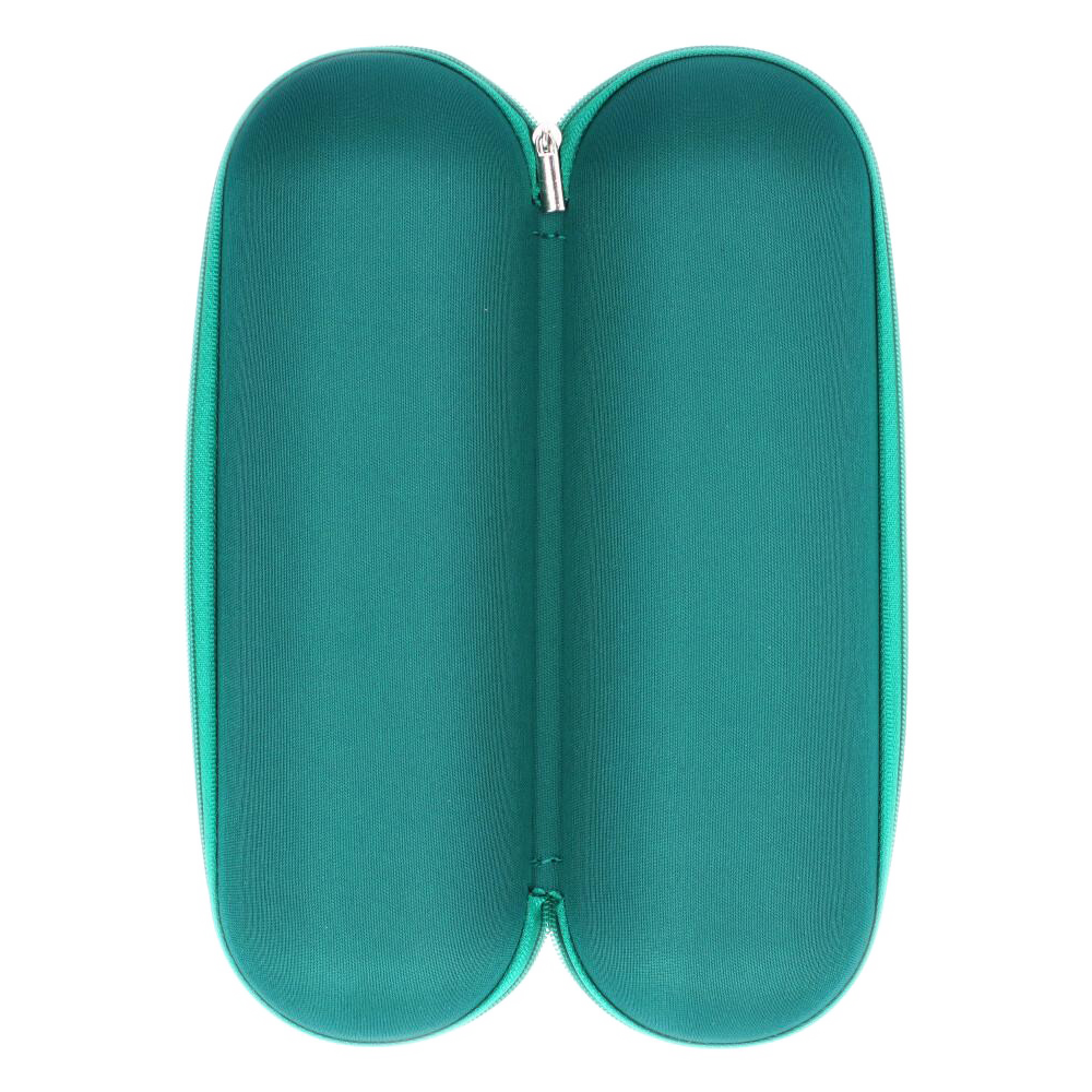 Top-down view of the open Padded Hard Shell Case - Large showing its teal molded interior and center zipper seam.