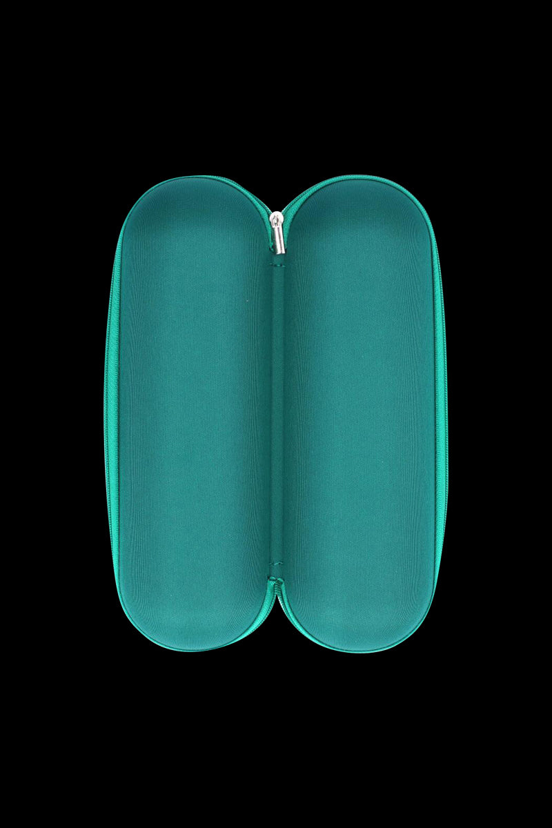 Top-down view of the open Padded Hard Shell Case - Large in teal, centered against a black background showing its twin padded compartments and silver zipper.