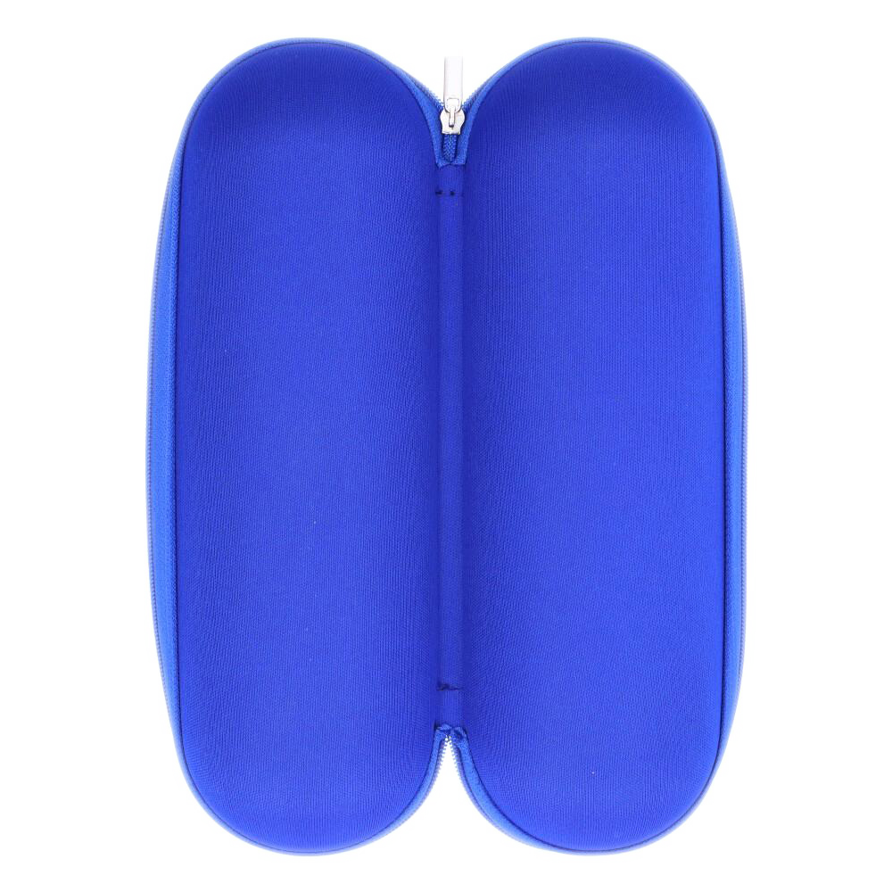 Top-down view of a bright blue Padded Hard Shell Case - Large opened flat with its silver zipper centered against a white background