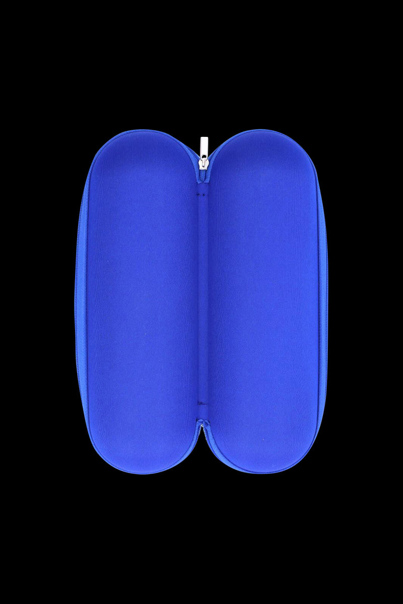 Top-down view of the bright blue Padded Hard Shell Case - Large opened flat against a black background, showing rounded padded halves and zipper.