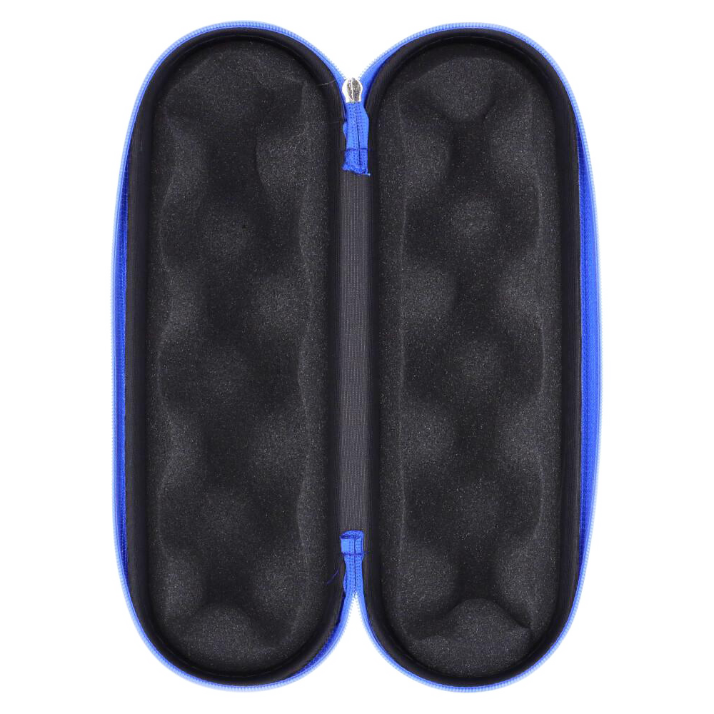 Top-down view of the open Padded Hard Shell Case - Large showing blue zipper trim and molded black foam interiors.