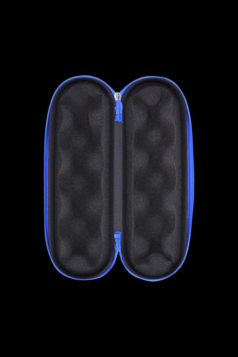 Top-down view of the open Padded Hard Shell Case - Large showing blue zip trim and contoured black foam interior against a black background