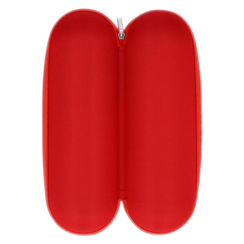 Top-down view of the open Padded Hard Shell Case - Large showing its bright red interior halves and central zipper pull.