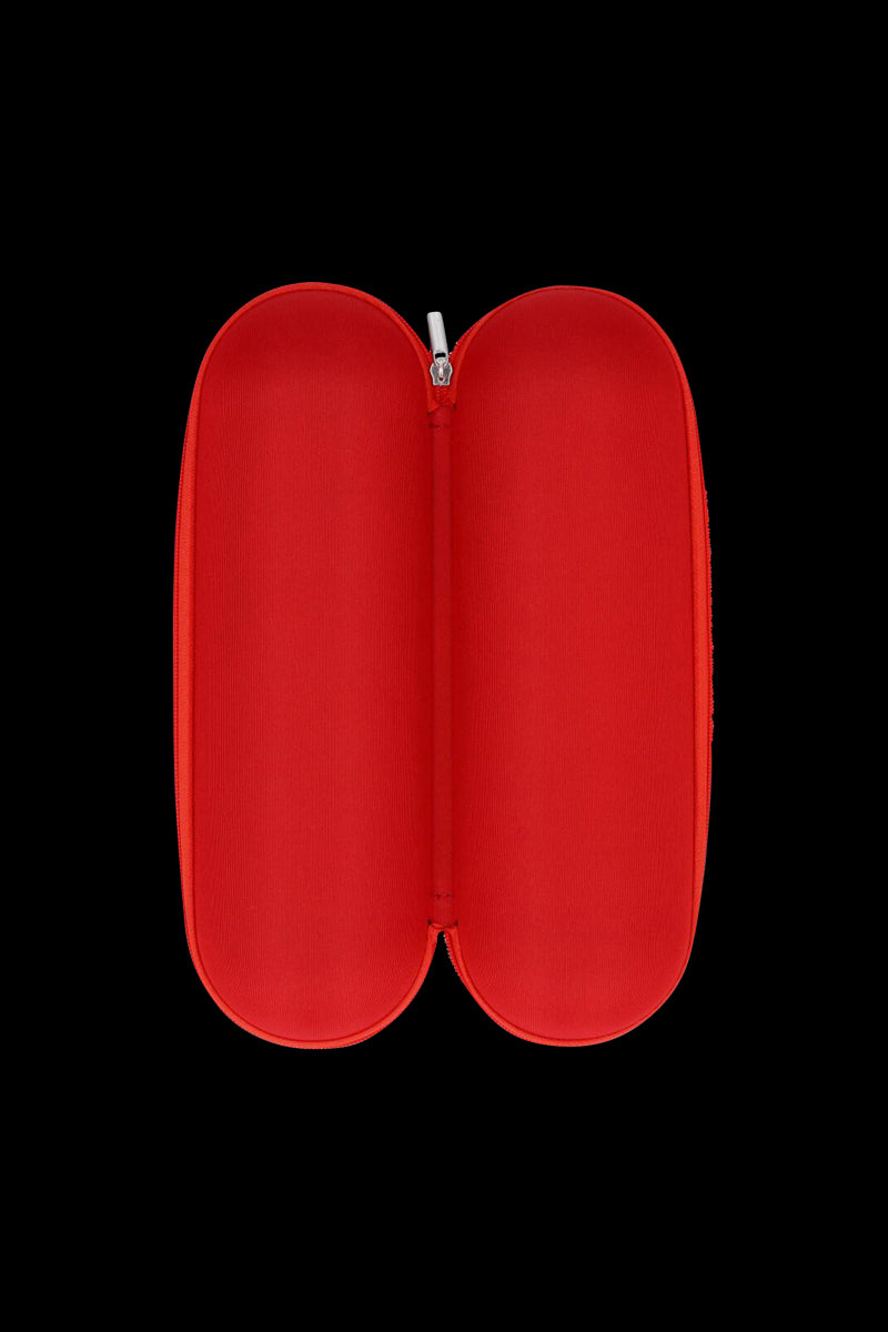Top-down view of the Padded Hard Shell Case - Large opened flat in bright red against a black background.