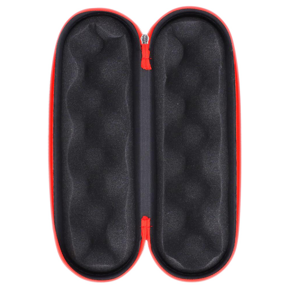 Top-down view of the open Padded Hard Shell Case - Large showing its red zippered exterior and black contoured foam interior.