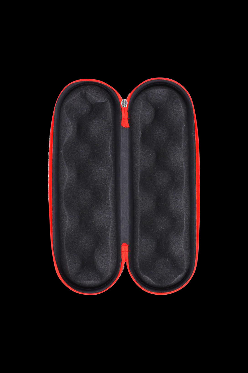 Top-down view of the open Padded Hard Shell Case - Large showing black egg-crate foam interiors and a red zippered shell against a black background