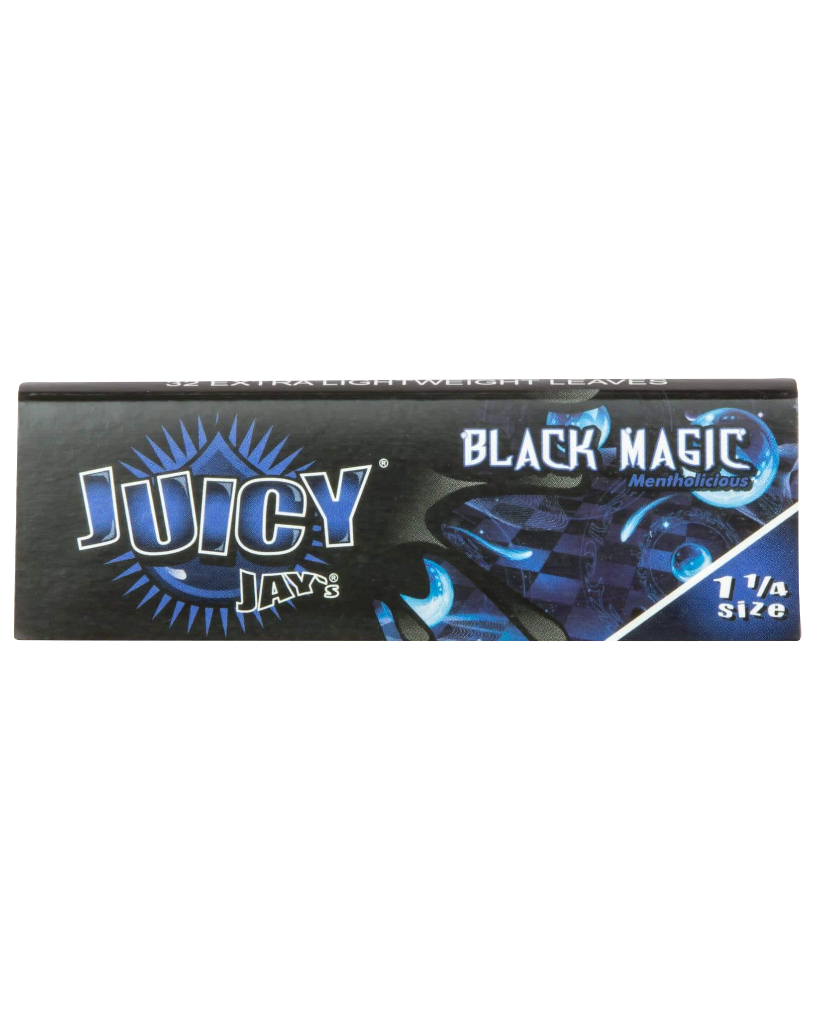 A close-up of the colorful packaging for Juicy Jay's Classic Size Flavored Rolling Papers, displaying a bold logo against a dark background.