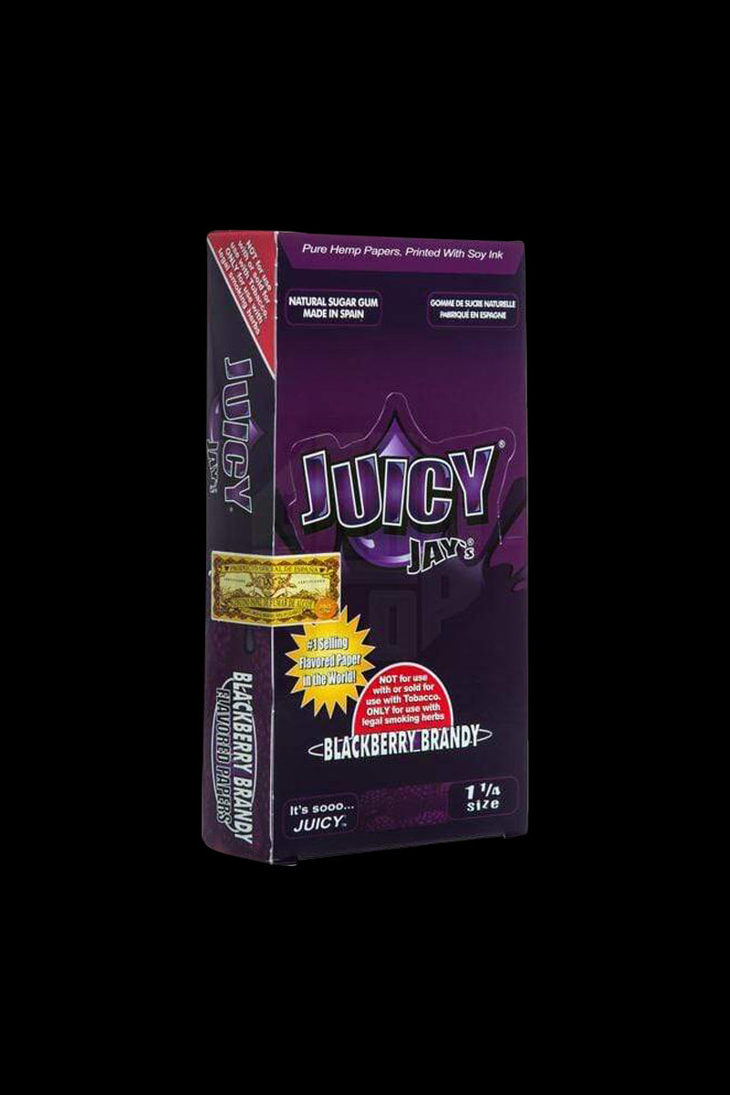 A close-up of the colorful packaging for Juicy Jay's Classic Size Flavored Rolling Papers, angled slightly from above.