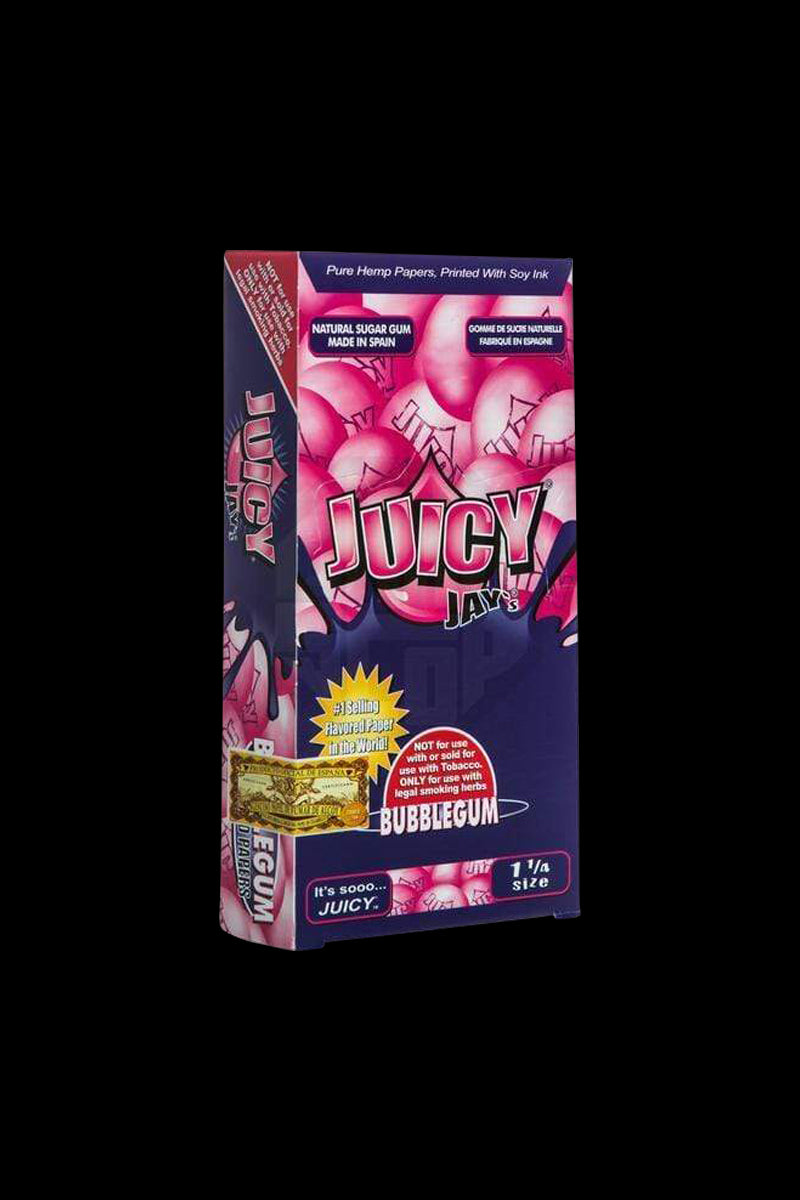 Front view of a package of Juicy Jay's Classic Size Flavored Rolling Papers with vibrant text and designs on a light background.
