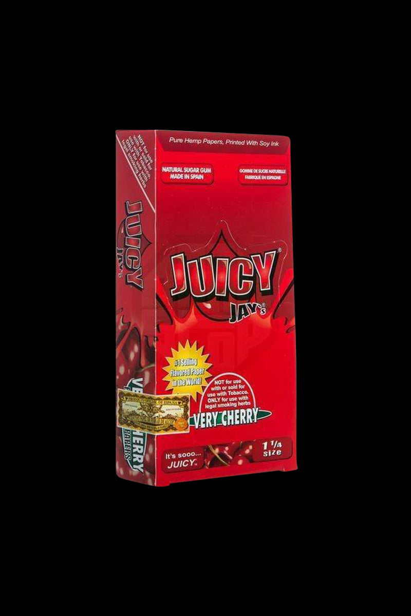 A close-up, angled view of Juicy Jay's Classic Size Flavored Rolling Papers package with colorful branding details.